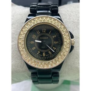 Scoop Gold Tone Rhinestone Bezel Black Band Women’s Quartz Watch